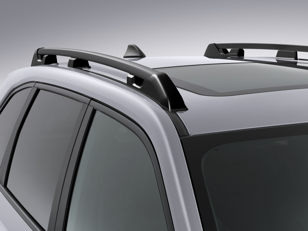 Close up of 2026 Forester roof rails with tie-downs.